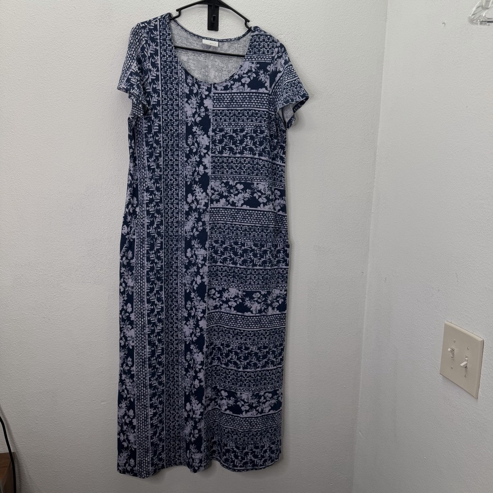 J Jill T Shirt Dress Shift Midi Blue Floral Womens M Relaxed Cotton Modal Pure